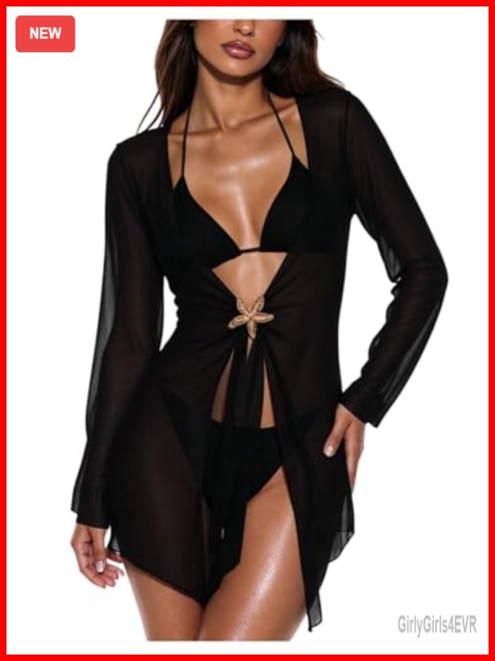 Sheer Chiffon Long Sleeve Swim Cover Up Dress Beach Coverup